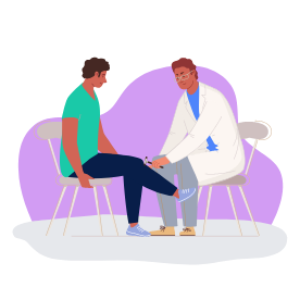 Illustration d’un médecin auscultant son patient à l’aide d’un marteau sur le genou de ce dernier